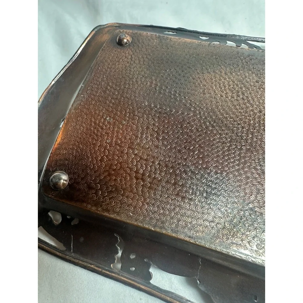 Vintage Dragon Metal Tray Copper Tone Good Ornate Embossed Chinoiserie 9.5in